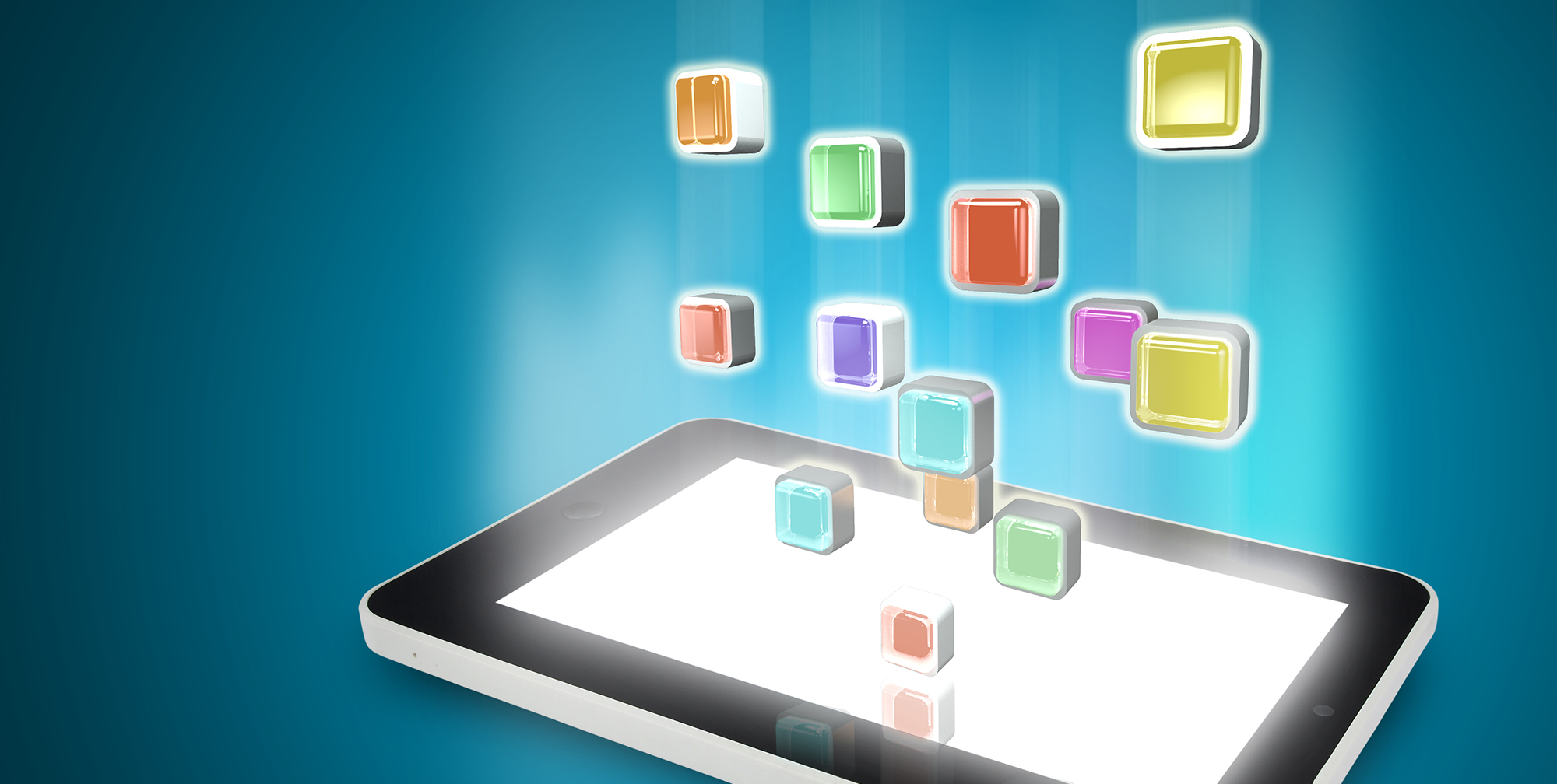 Tablet PC with cloud of colorful application icons