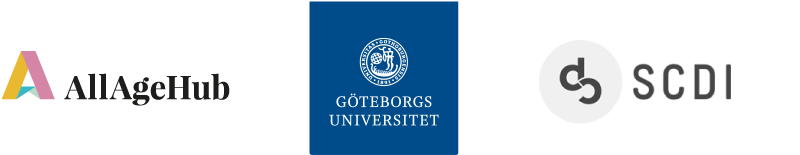 Logotyper för AllAgeHub, Göteborgs universitet och SCDI (Scandinavian center for digital innovation)