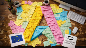 EU flaggan, sahlgrenska science park logon samt AllAgeHub logo (byggd av post it's)