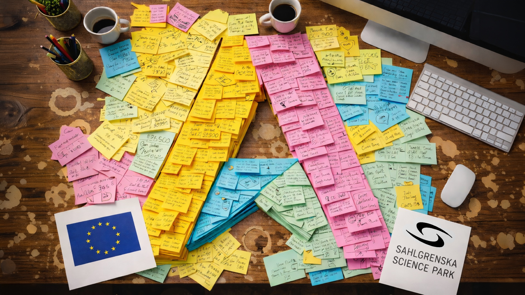 EU flaggan, sahlgrenska science park logon samt AllAgeHub logo (byggd av post it's)